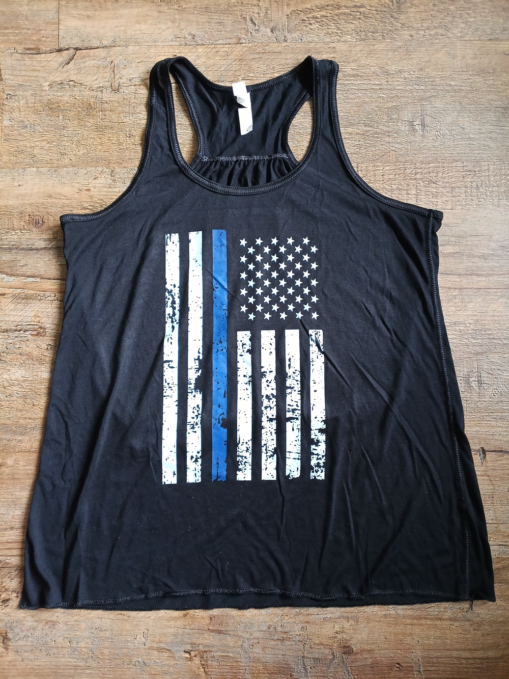 Bella Canvas Black Tank Top with White & Blue Flag Graphic Size M